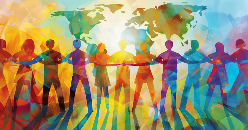 A colorful graphic with images of people standing arm-in-arm in front of an image of the continents with the sun rising in the background.