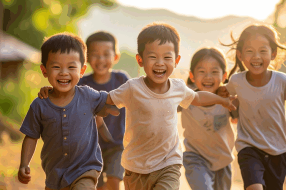 A group of five smiling children playing outdoors.