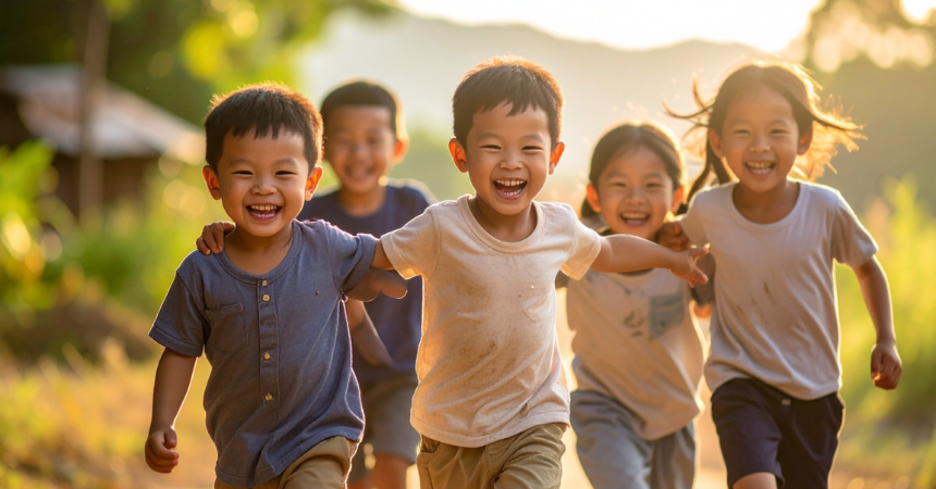 A group of five smiling children playing outdoors.